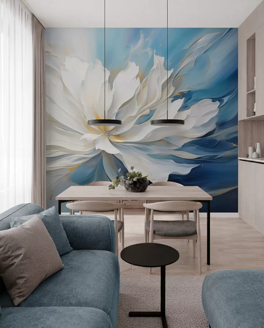 murales de pared Gran peonía blanca en estilo pintura al óleo sobre fondo azul y amarillo w09511