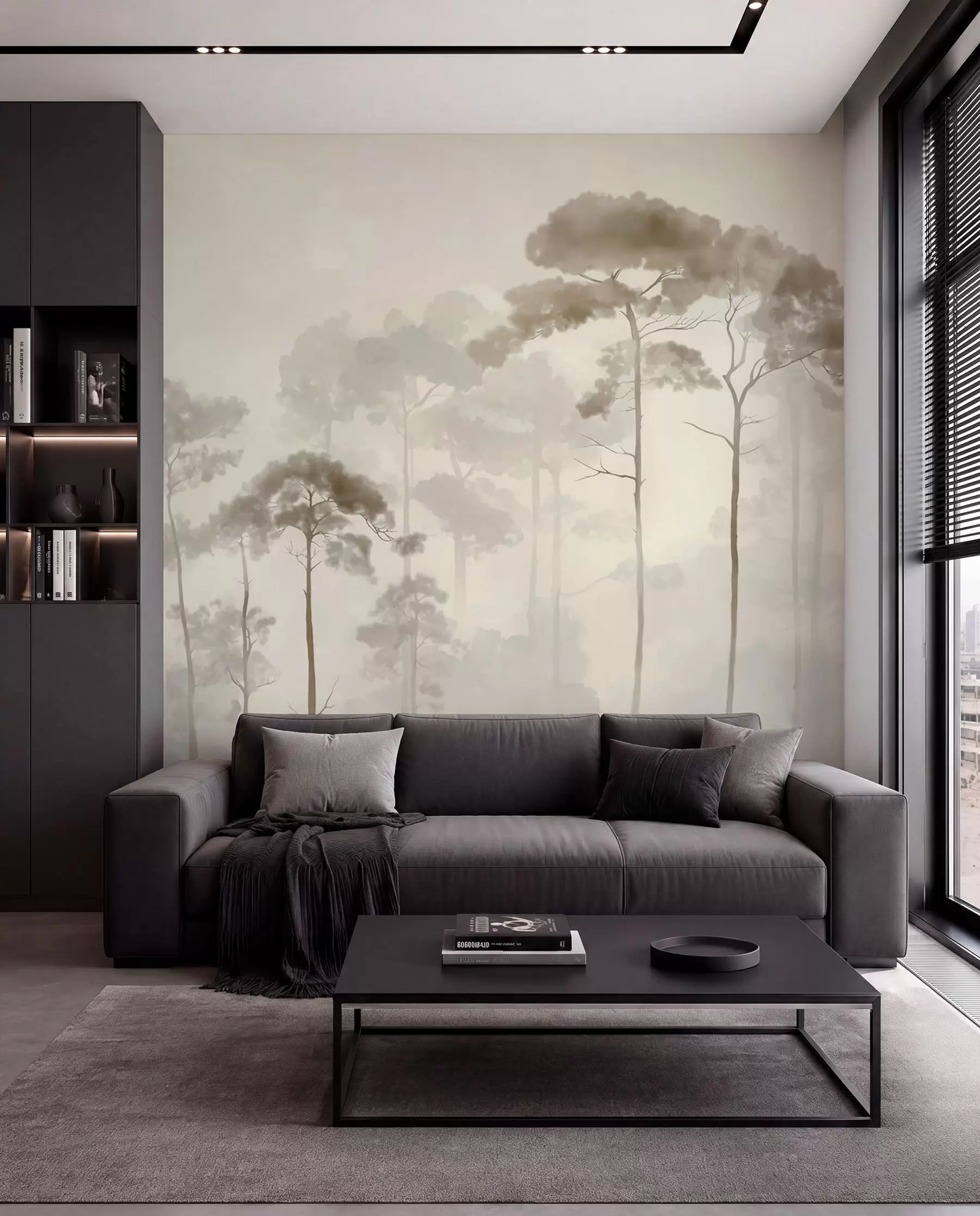 murales de pared Siluetas de pinos en bruma w04634