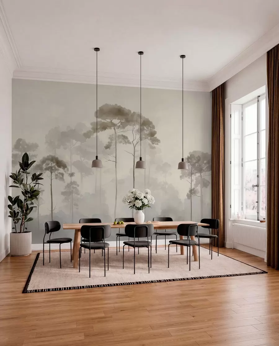 murales de pared siluetas ligeras de pinos en estilo acuarela w04634
