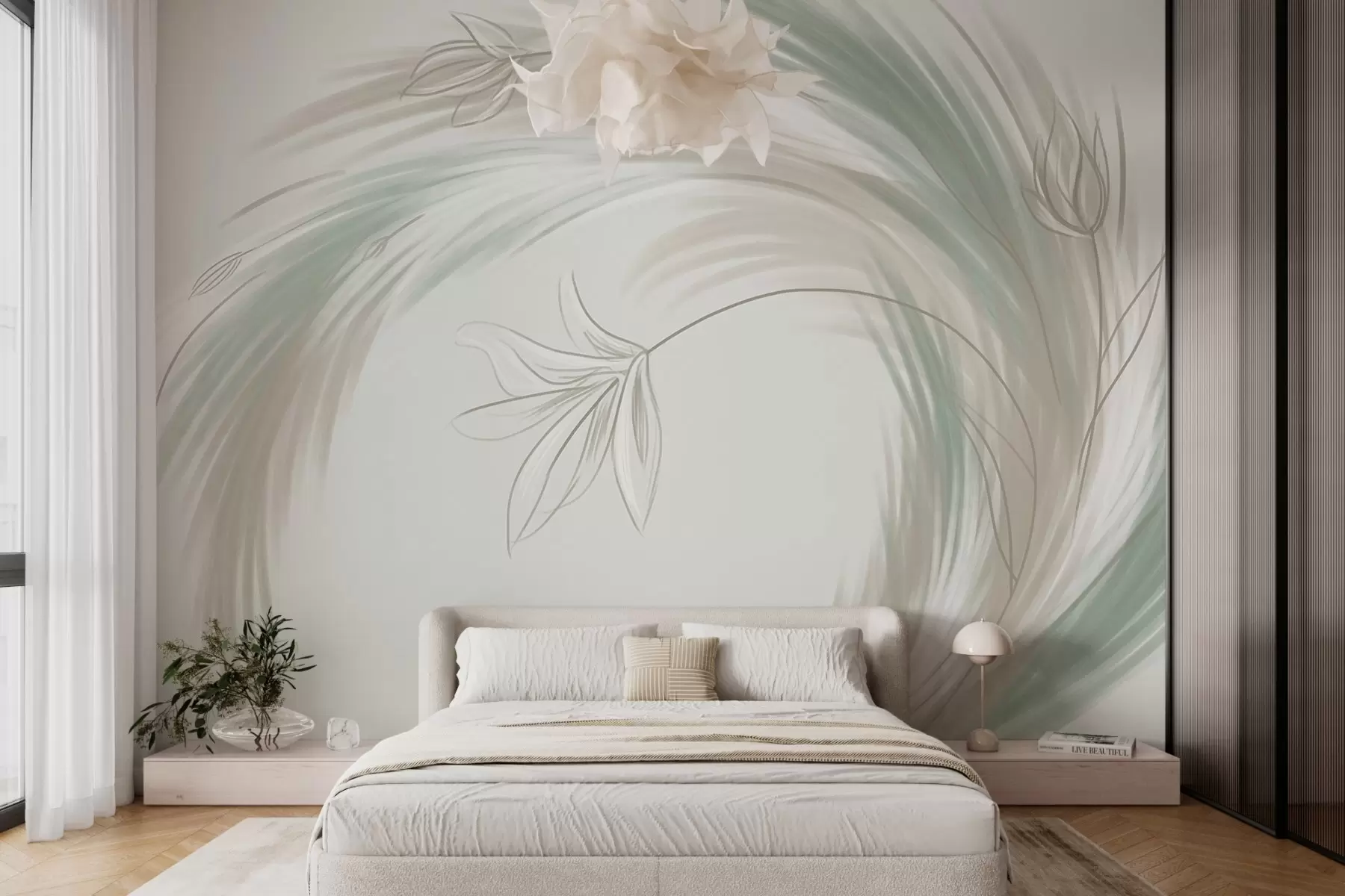 murales de pared Plumas y flores verdes y beige, pintadas a mano. w04816