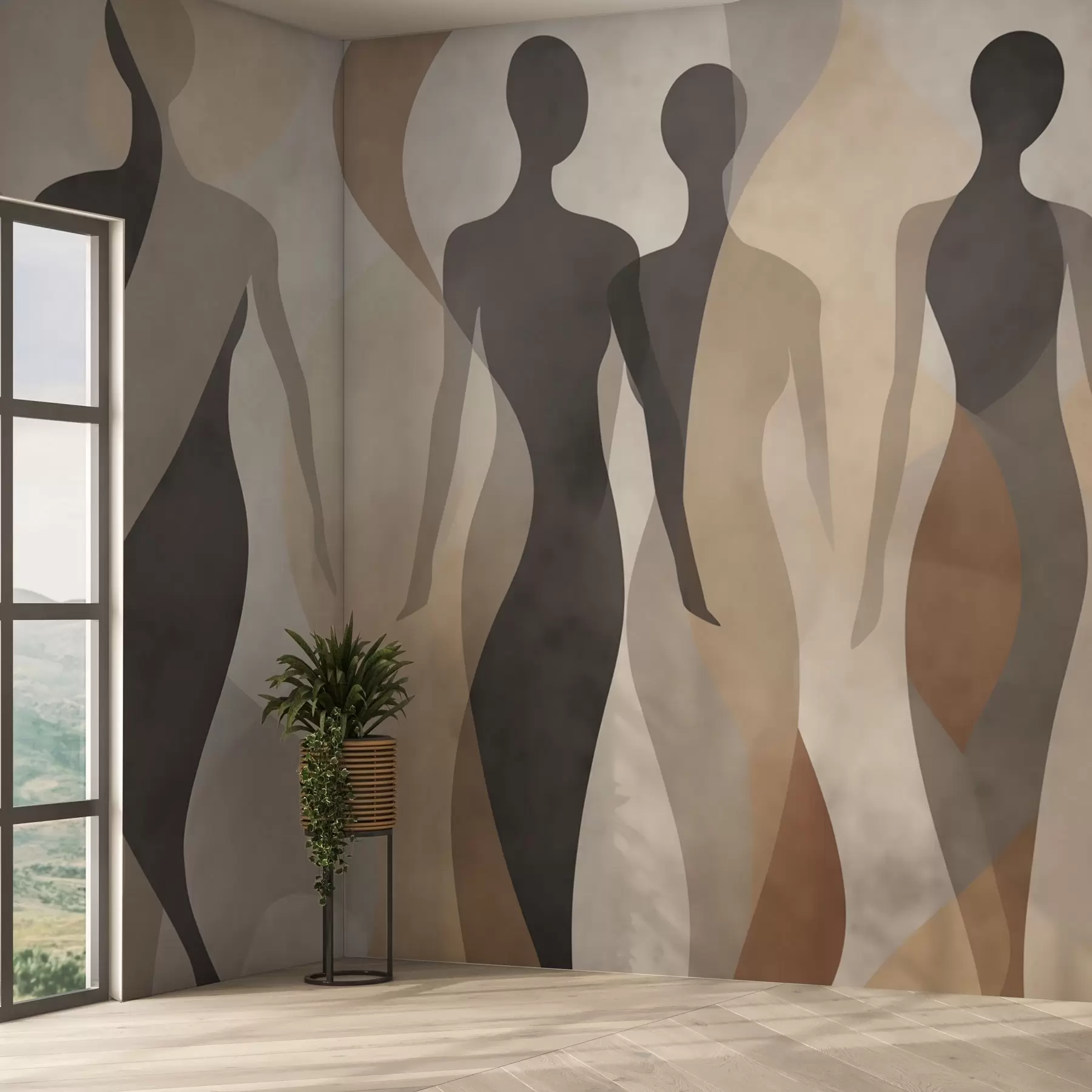 murales de pared Siluetas y suaves ondas en cálidos tonos beige grisáceos. w04787