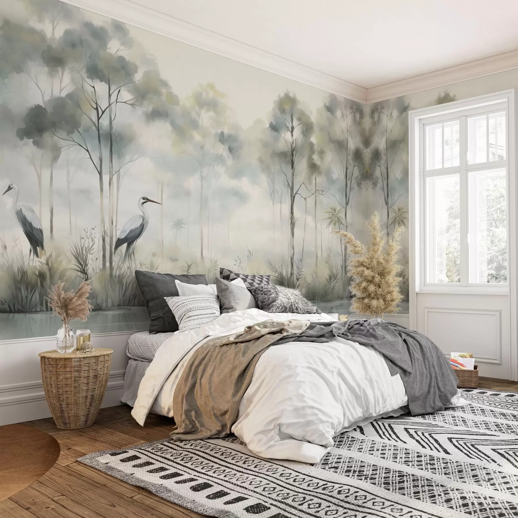 murales de pared Bosque brumoso junto al agua con garzas, paleta de colores suaves y fríos w04788