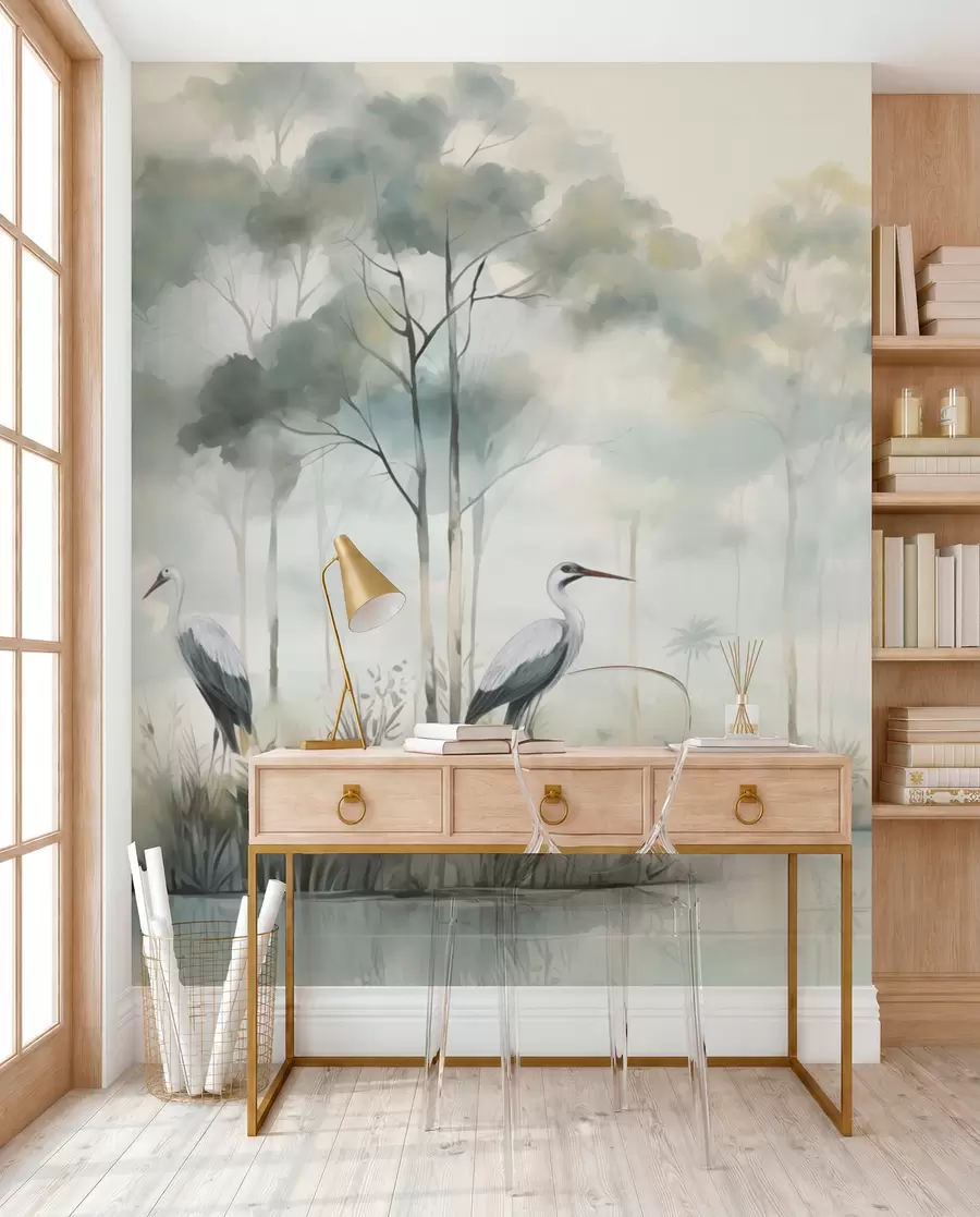 murales de pared Bosque brumoso junto al agua con garzas, paleta de colores suaves y fríos w04788