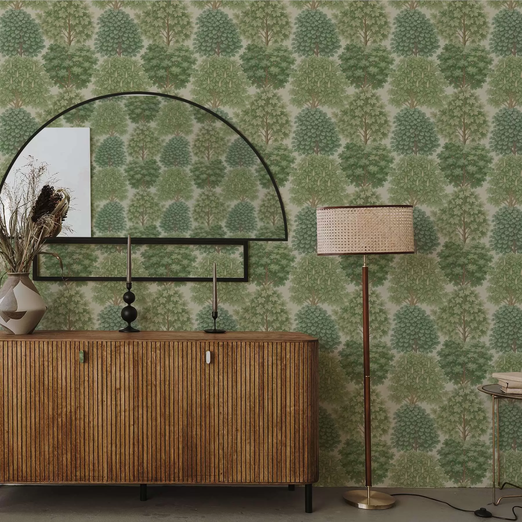 murales de pared Jardín de árboles en suaves tonos verdes sobre un fondo claro a00775