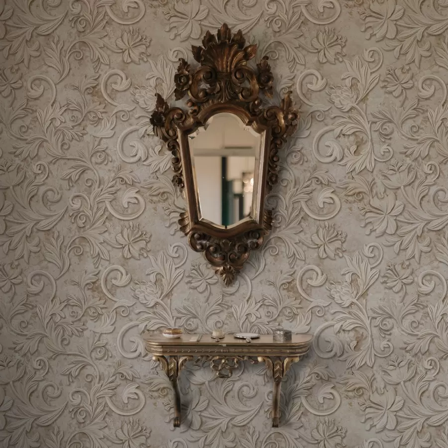 murales de pared Relieve en piedra con volutas florales, beige vintage a00784