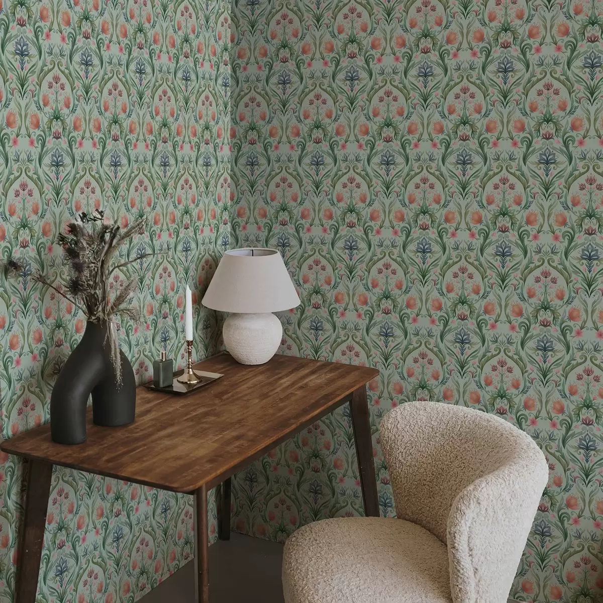Papel pintado Adorno floral simétrico, paleta de colores menta y crema. a00827v1