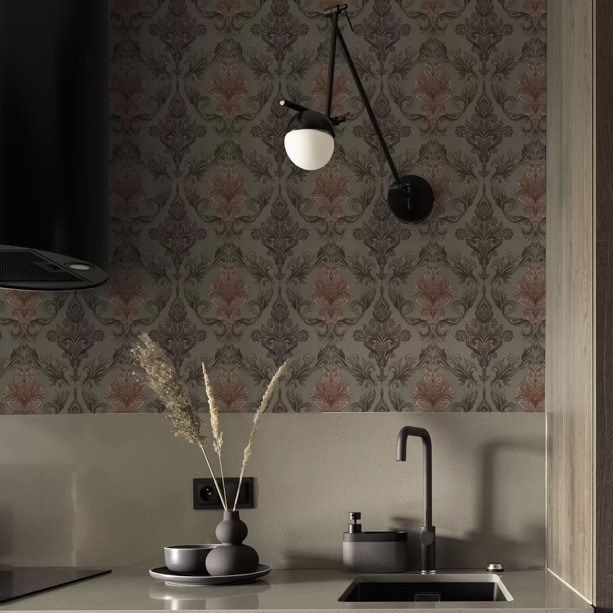 Papel pintado Damasco terracota sobre fondo oliva apagado a00828v3