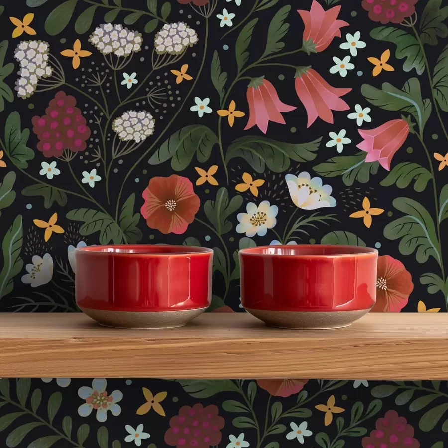 murales de pared Flores silvestres y bayas sobre fondo negro intenso a00849v3