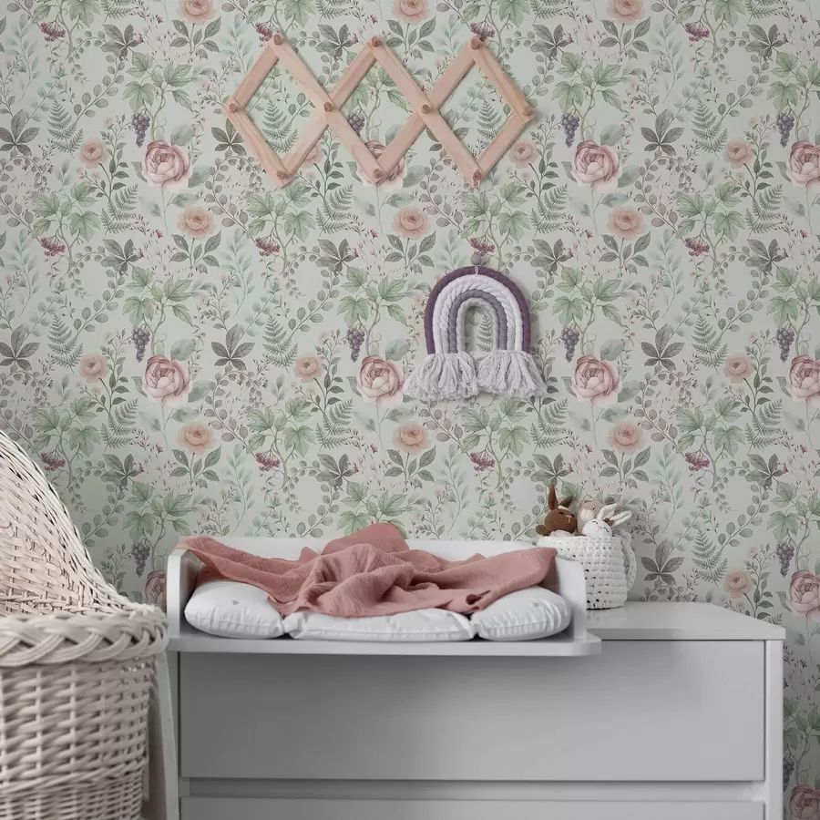 murales de pared Jardín en tonos pastel con rosas, helechos y uvas. a00867