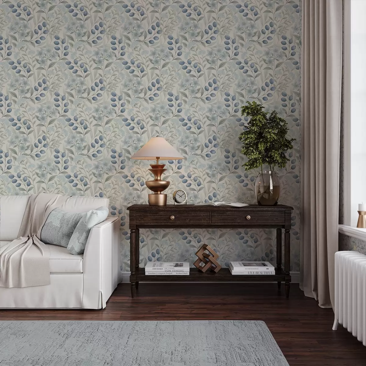 murales de pared Arándanos azules y flores claras sobre marfil a00872