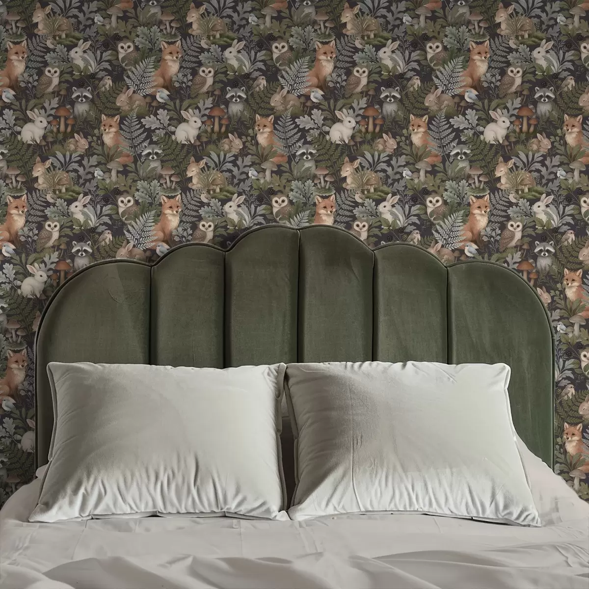 murales de pared Animales del bosque y helechos sobre carbón oscuro a00880