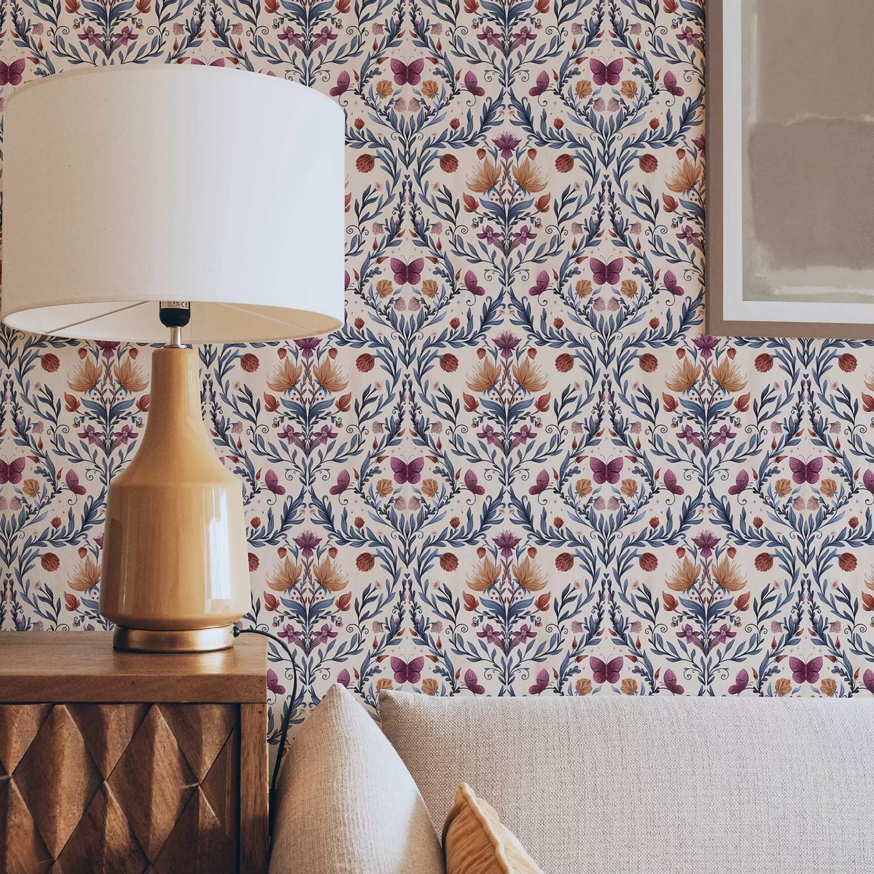 murales de pared Damasco floral con mariposas sobre fondo melocotón suave a00926