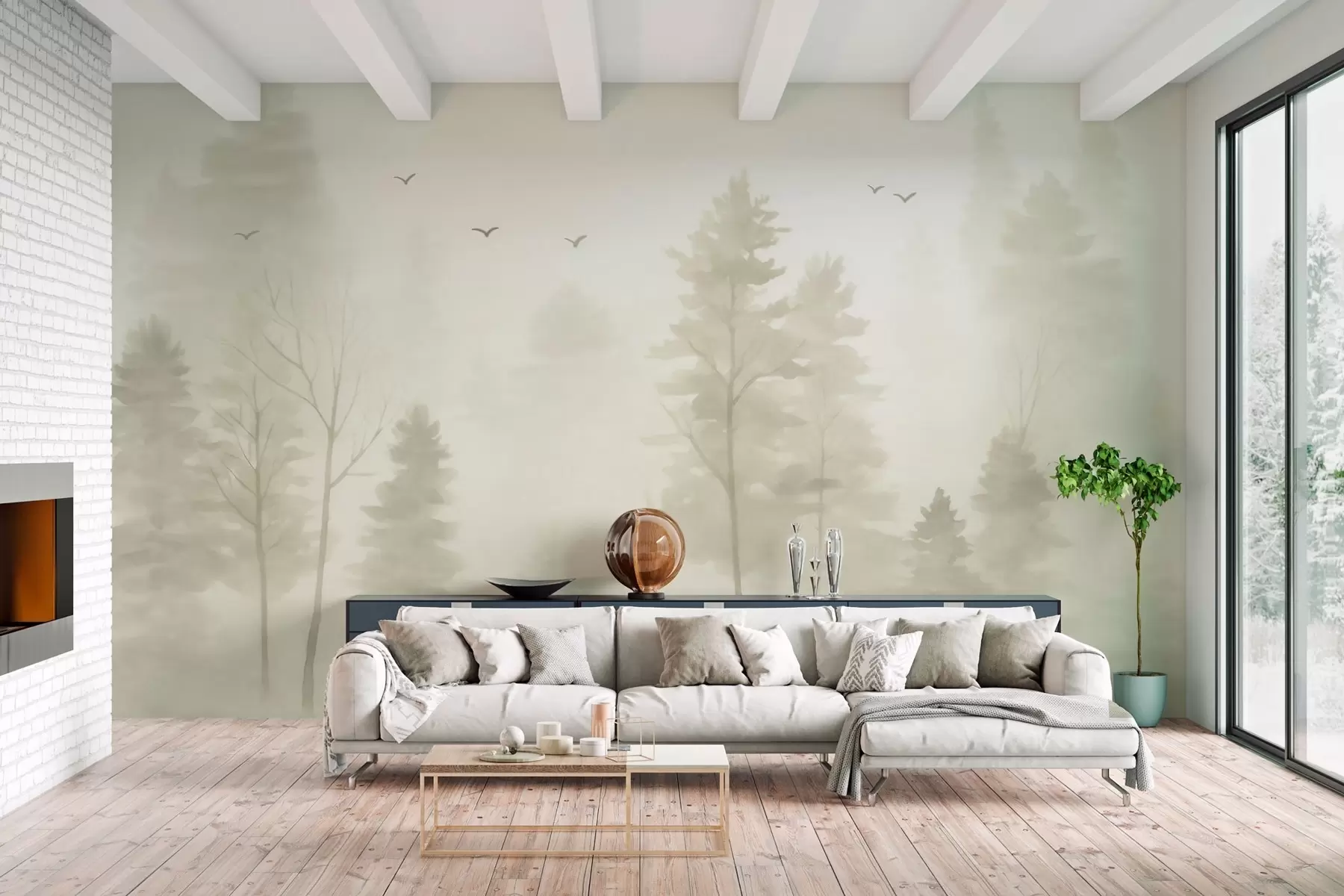 murales de pared Bosque aéreo en tonos beige, estilo acuarela w04872