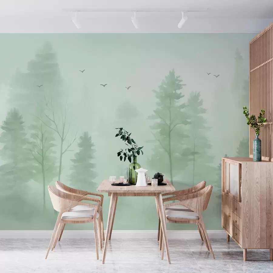 murales de pared Bosque aéreo en tonos verdes, estilo acuarela w04872v1