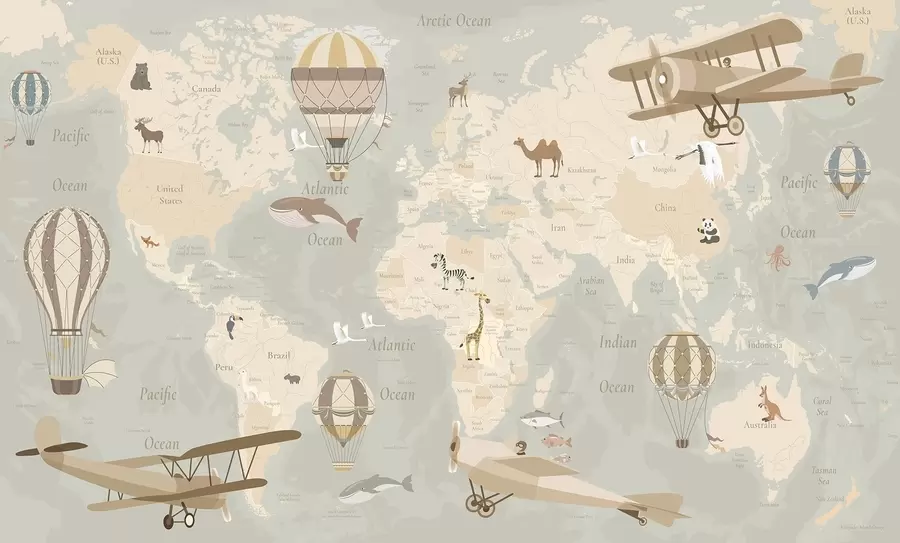 murales de pared Mapa mundial infantil con animales, aviones y globos aerostáticos. En inglés. Color beige c00003en