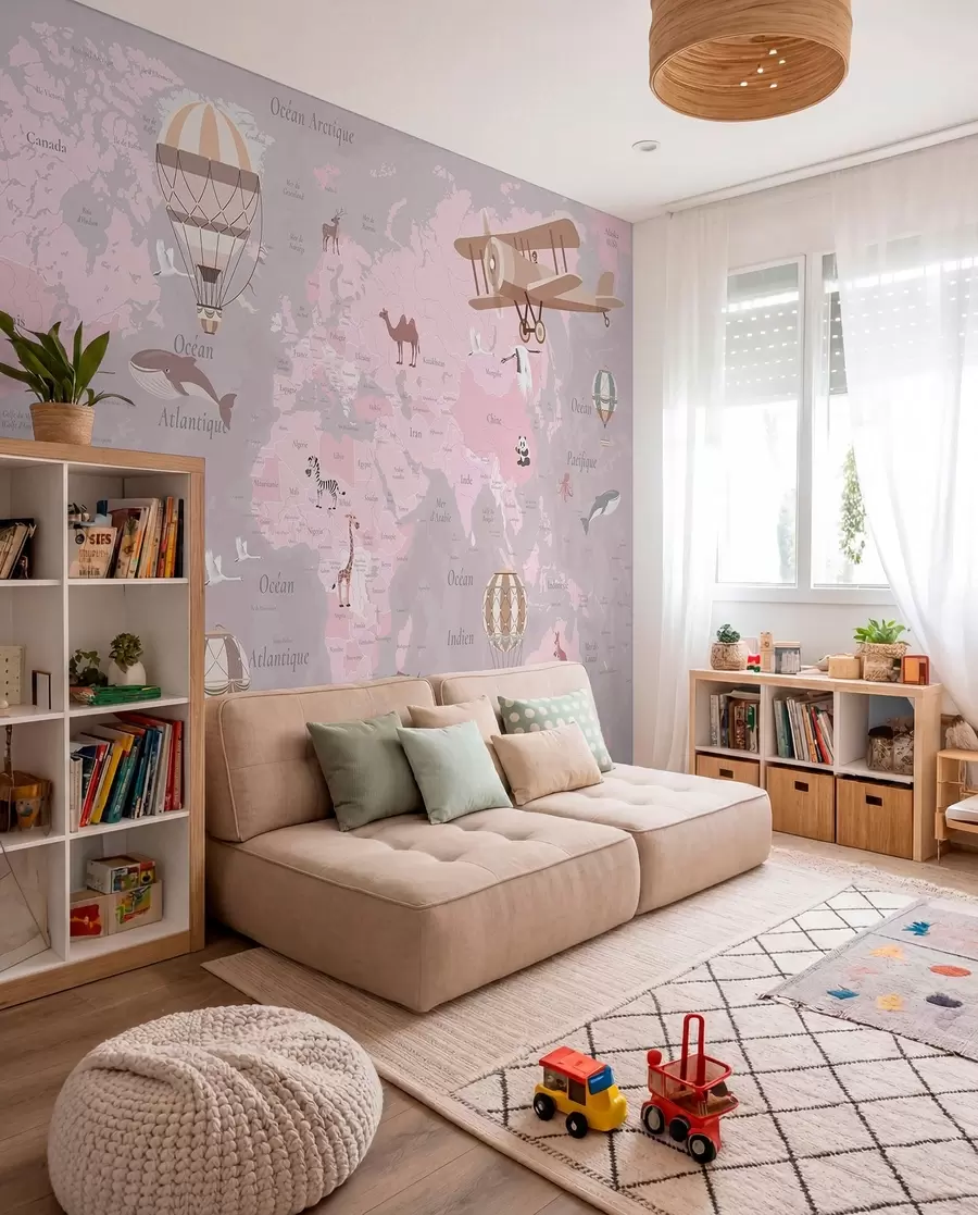 murales de pared Mapa del mundo para niños con animales, aviones y globos aerostáticos. En francés. Color rosa. c00003frv3