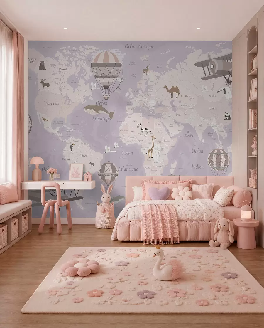 murales de pared Mapa del mundo para niños con animales, aviones y globos aerostáticos. En francés. Color morado. c00003frv4