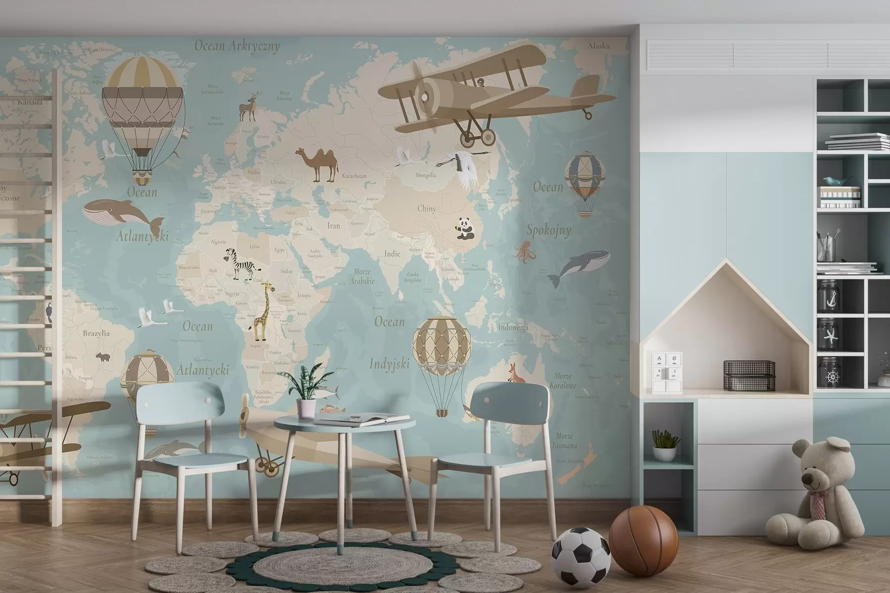 murales de pared Mapa del mundo para niños con animales, aviones y globos aerostáticos. Idioma polaco. Color azul. c00003plv1