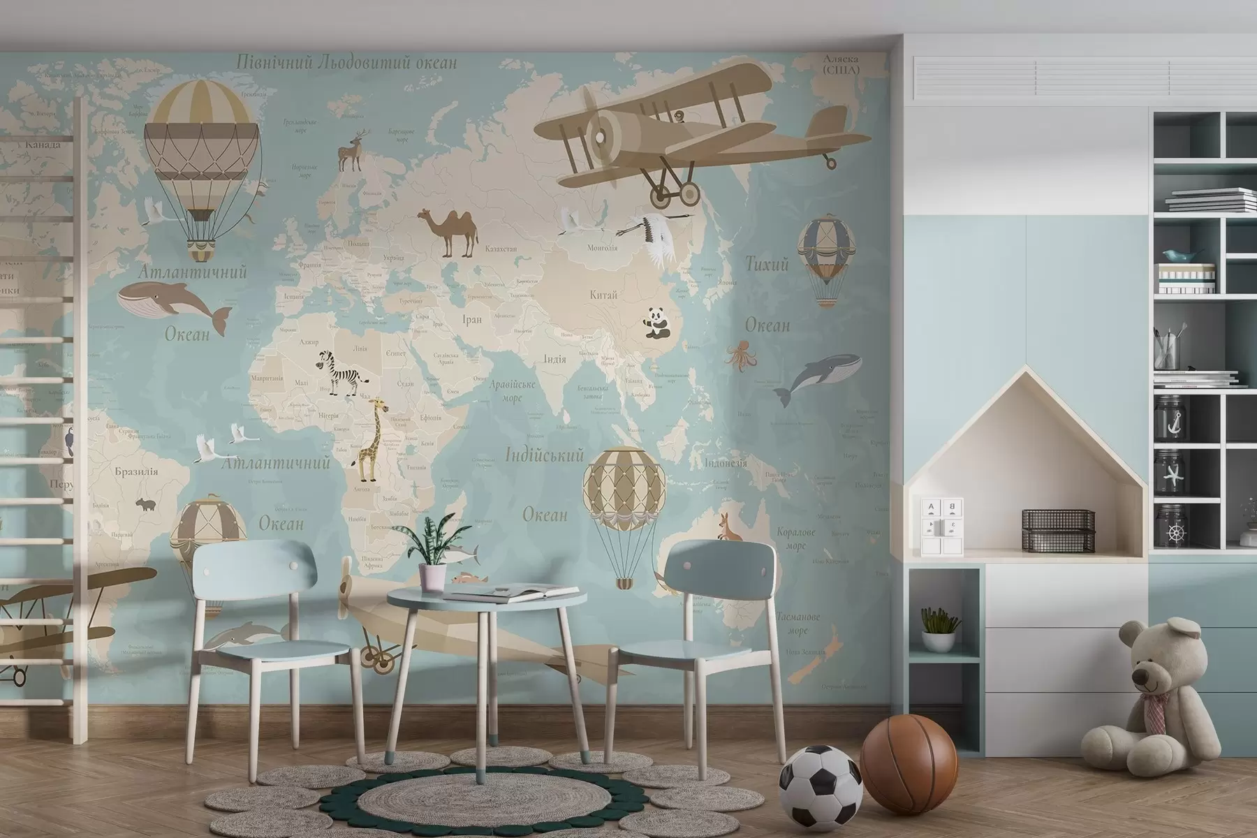 murales de pared Mapa del mundo para niños con animales, aviones y globos aerostáticos. Idioma ucraniano. Color azul. c00003ukv1