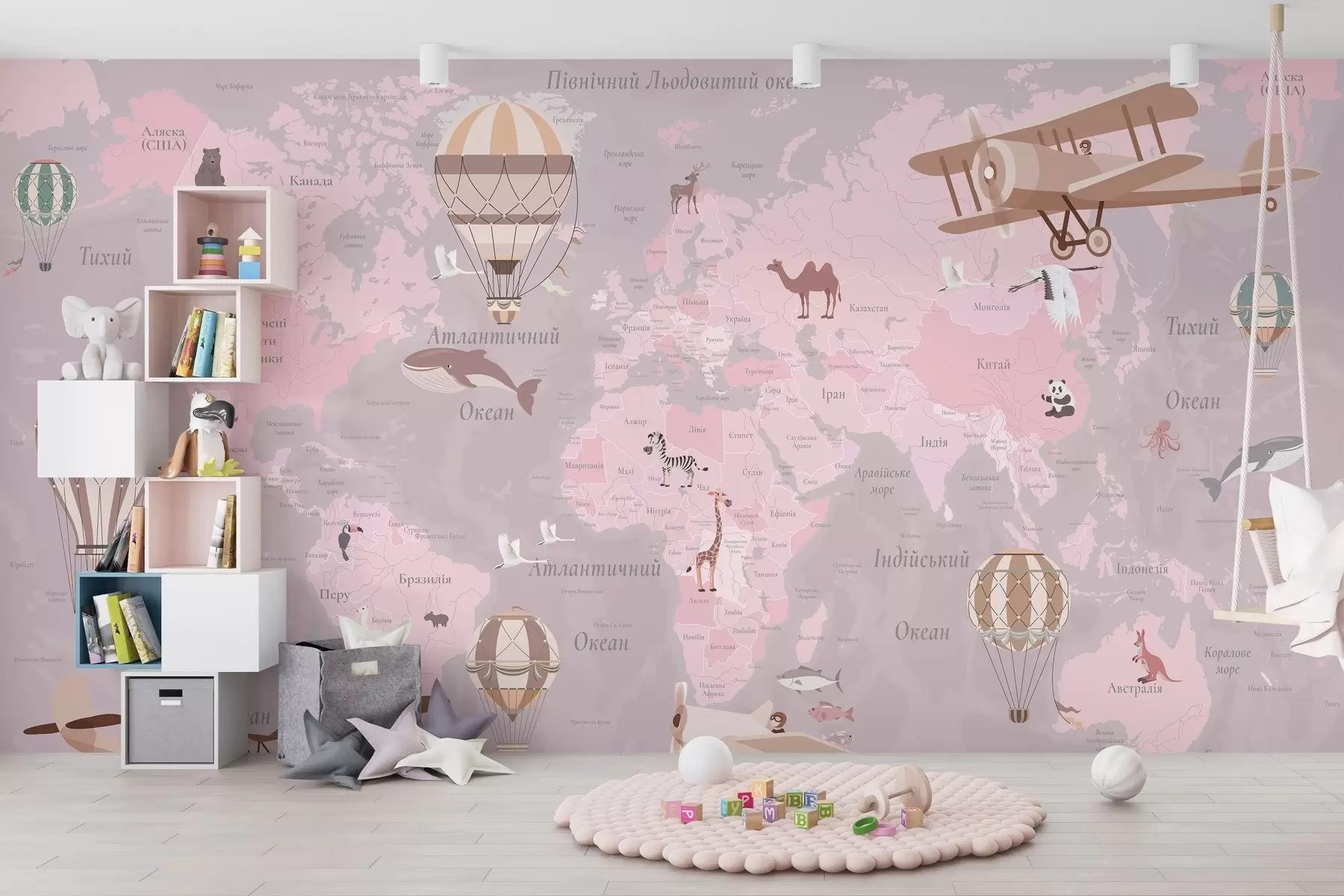 murales de pared Mapa del mundo para niños con animales, aviones y globos aerostáticos. Idioma ucraniano. Color rosa. c00003ukv3