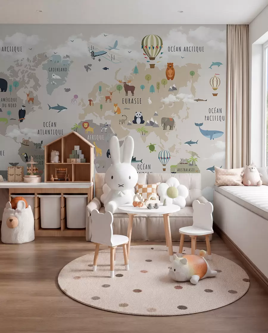 murales de pared Mapa del mundo para niños con animales y globos aerostáticos. Idioma francés. c00002fr