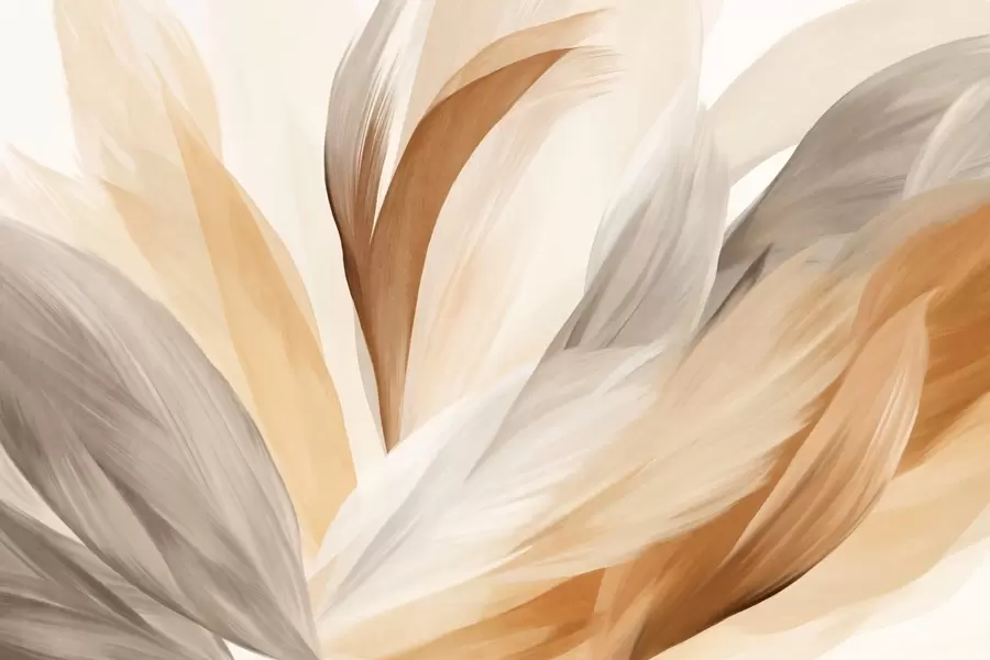 murales de pared Plumas abstractas con textura en marrón, blanco y gris y varios tonos, superpuestas sobre un fondo blanco w09531