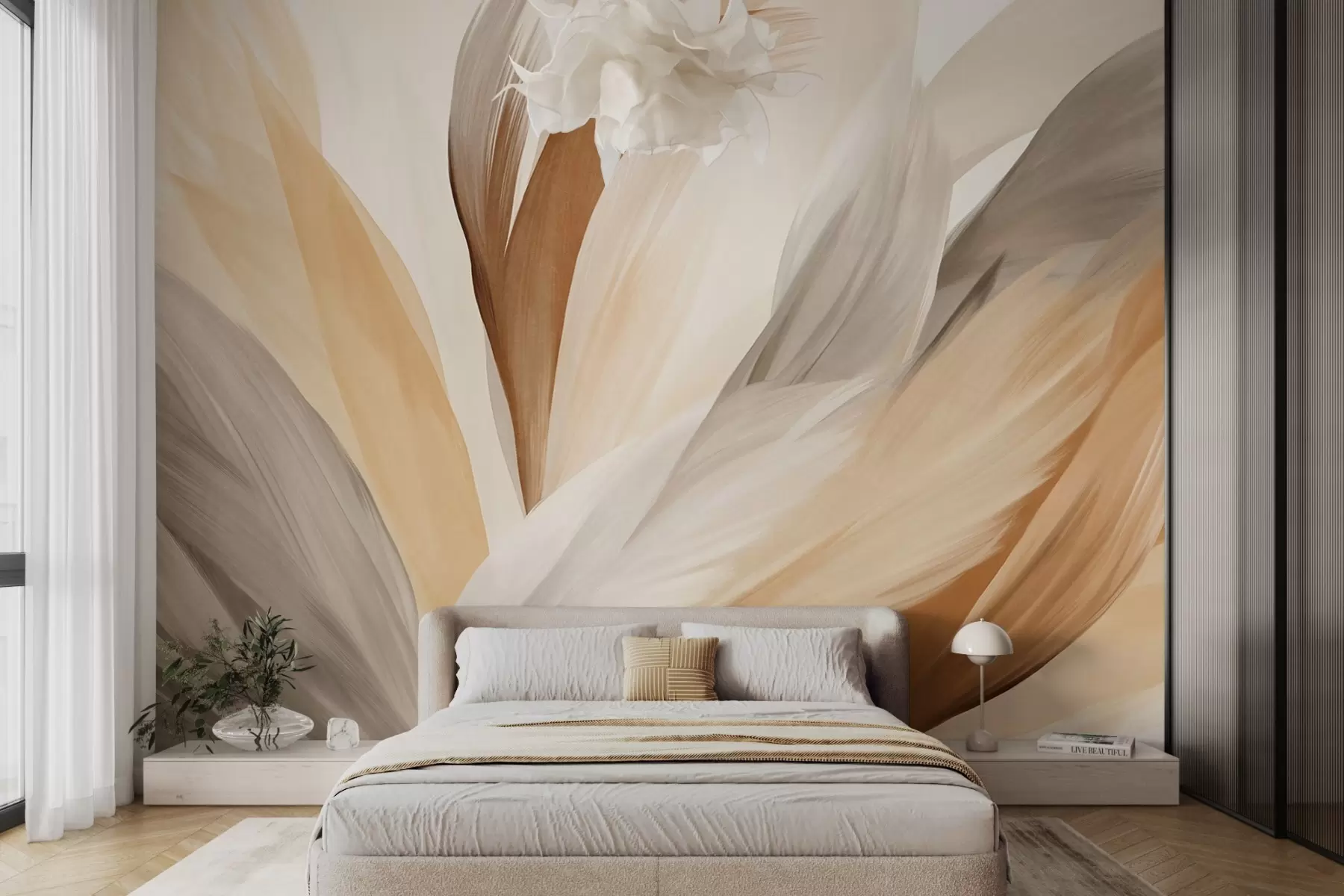 murales de pared Plumas abstractas con textura en marrón, blanco y gris y varios tonos, superpuestas sobre un fondo blanco w09531