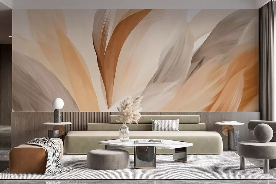 murales de pared Plumas abstractas con textura en marrón, blanco y gris y varios tonos, superpuestas sobre un fondo blanco w09531