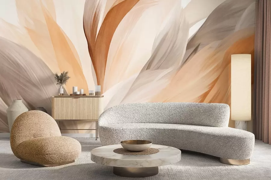 murales de pared Plumas abstractas con textura en marrón, blanco y gris y varios tonos, superpuestas sobre un fondo blanco w09531