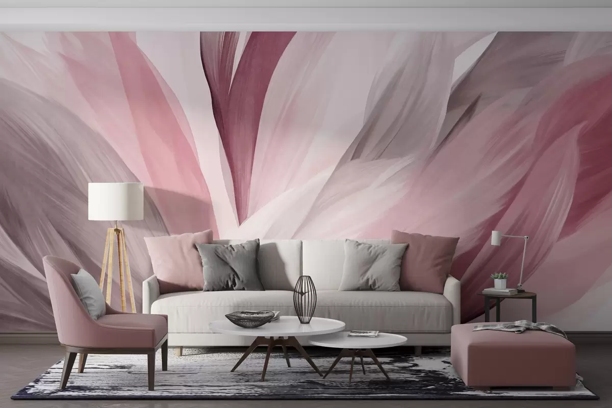 murales de pared Plumas abstractas con textura en rosa, blanco y gris y varios tonos, superpuestas sobre un fondo blanco. w09531v2