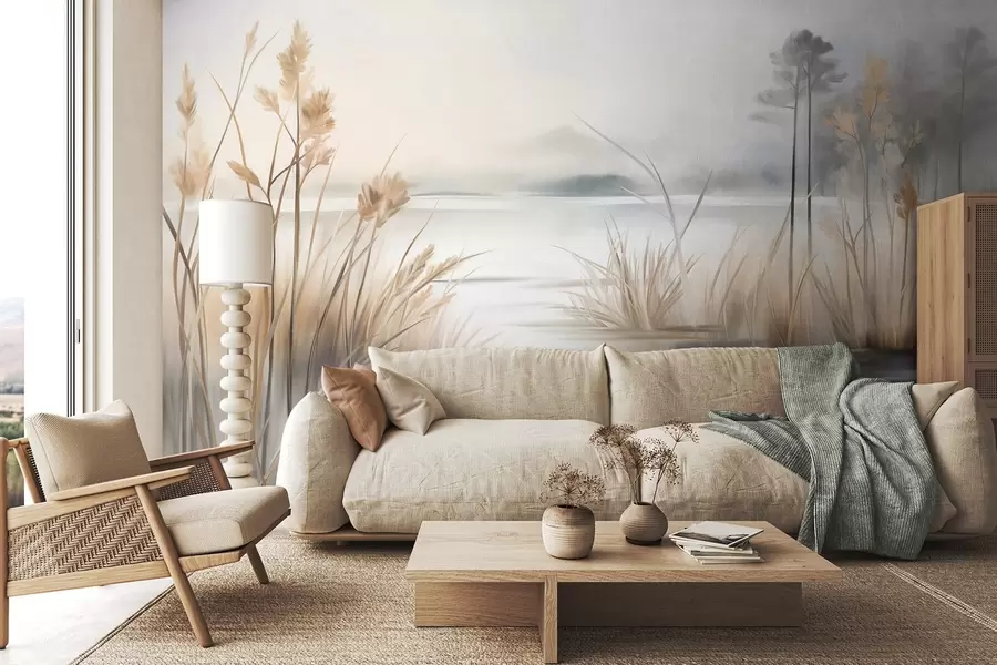 murales de pared Paisaje con un lago y hierba alta en primer plano, montañas al fondo, colores suaves, textura w09534