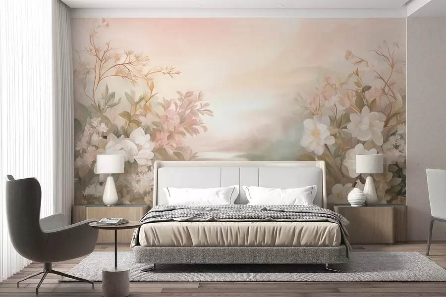 murales de pared Un paisaje con un río rodeado de flores y plantas, colores suaves, cielo rosado, estilo con textura de acuarela w09537