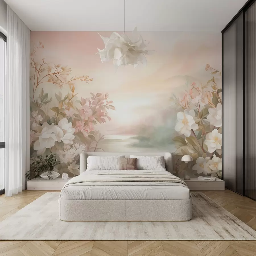 murales de pared Un paisaje con un río rodeado de flores y plantas, colores suaves, cielo rosado, estilo con textura de acuarela. w09537