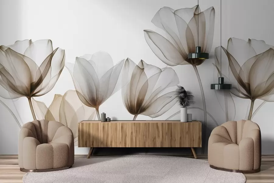 murales de pared Flores de tulipán translúcidas de color marrón y blanco con tallos largos, sobre un fondo claro, delicadas y con textura, arte floral w09538v1