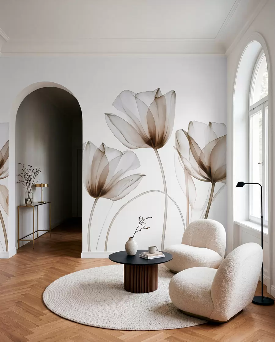 murales de pared Flores de tulipán translúcidas de color marrón y blanco con tallos largos, sobre un fondo claro, delicadas y con textura, arte floral w09538v1