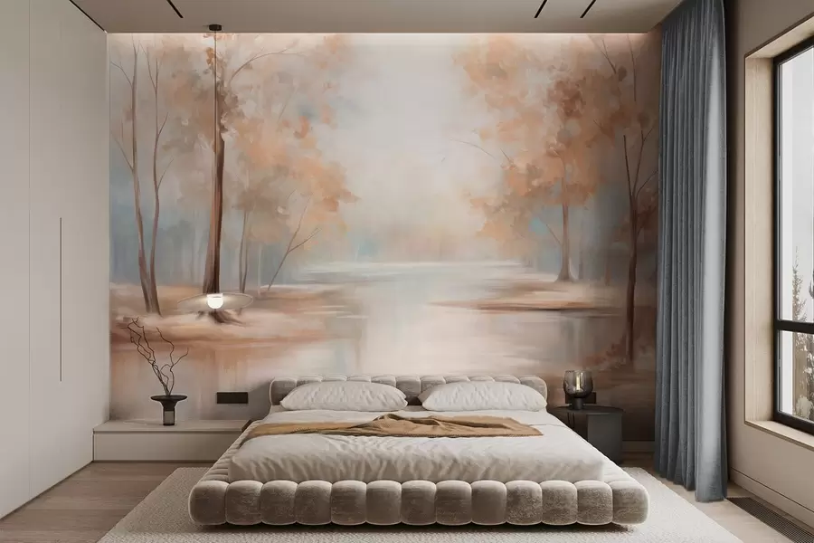 murales de pared Paisaje otoñal con árboles y un río, colores suaves, atmósfera ligera y aireada, escena pacífica y tranquila w09541