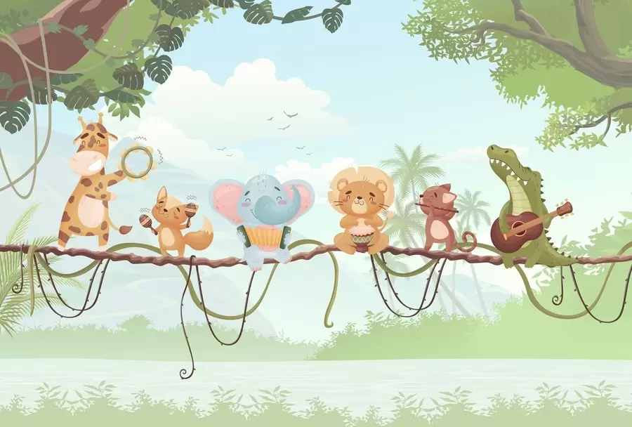 murales de pared Animales con instrumentos musicales frente a un paisaje tropical w04505