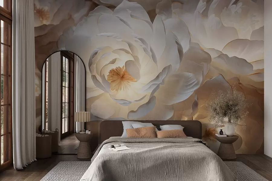 murales de pared Grandes flores de peonía blancas con centros amarillos, iluminación suave y pétalos delicados con textura en capas w09550