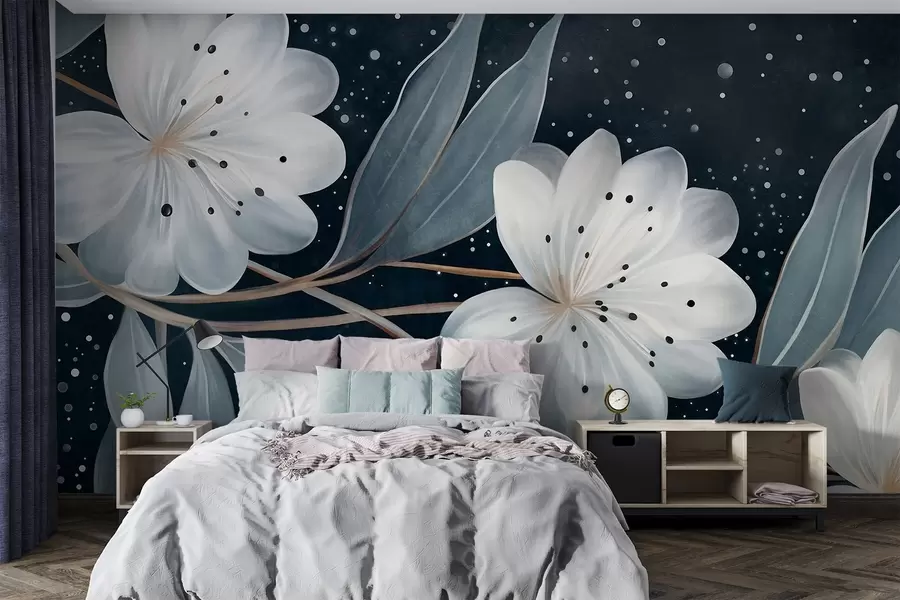 murales de pared Flores blancas con textura fantástica, rodeadas de hojas y ramas azul verdosas sobre un fondo oscuro w09551