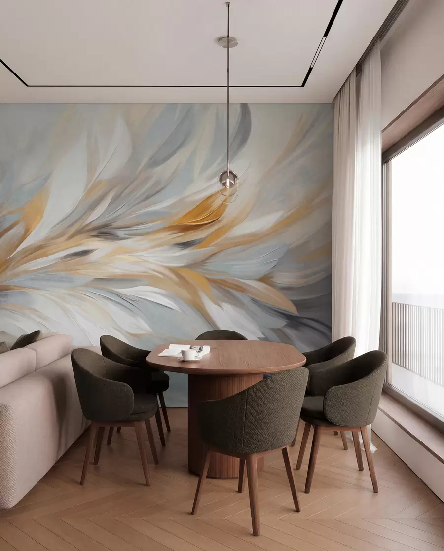 murales de pared Estilo de pintura abstracta con pinceladas texturizadas en blanco, amarillo y gris sobre un fondo suave y claro w09552