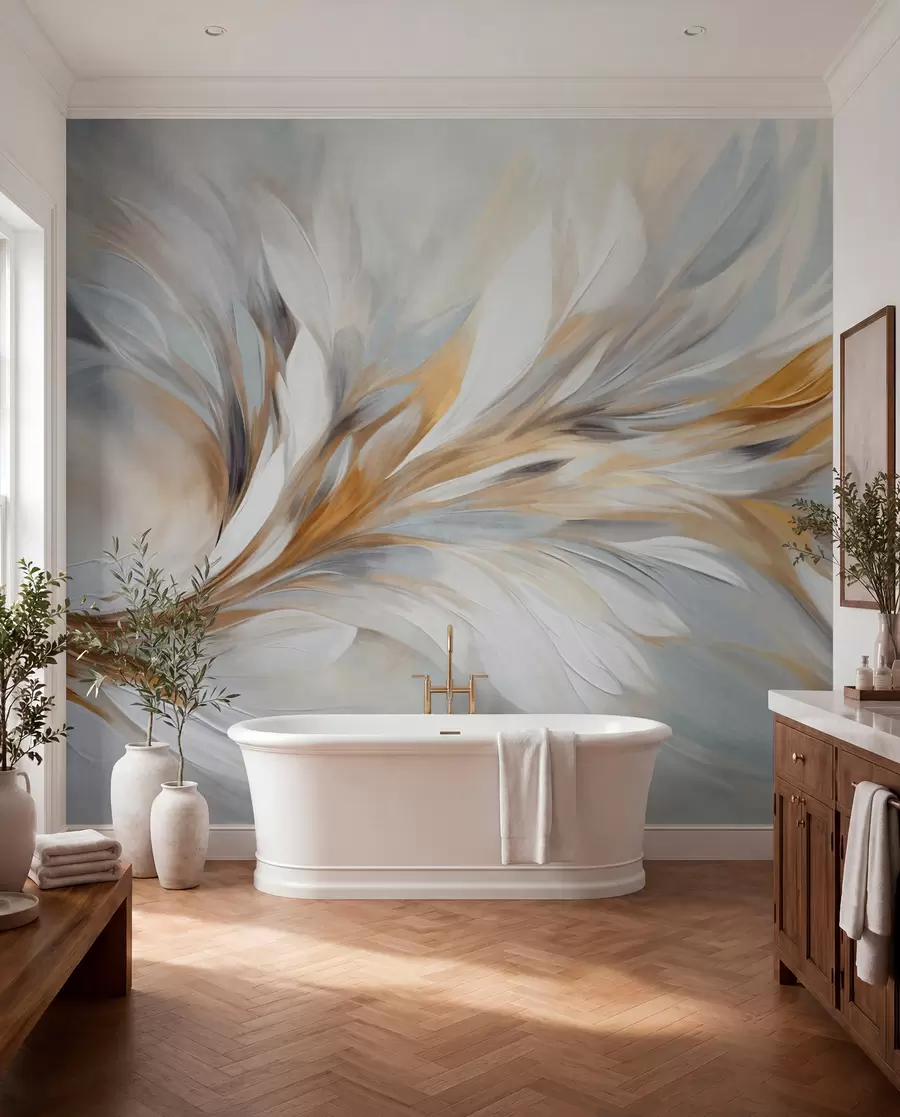 murales de pared Estilo de pintura abstracta con pinceladas texturizadas en blanco, amarillo y gris sobre un fondo suave y claro w09552