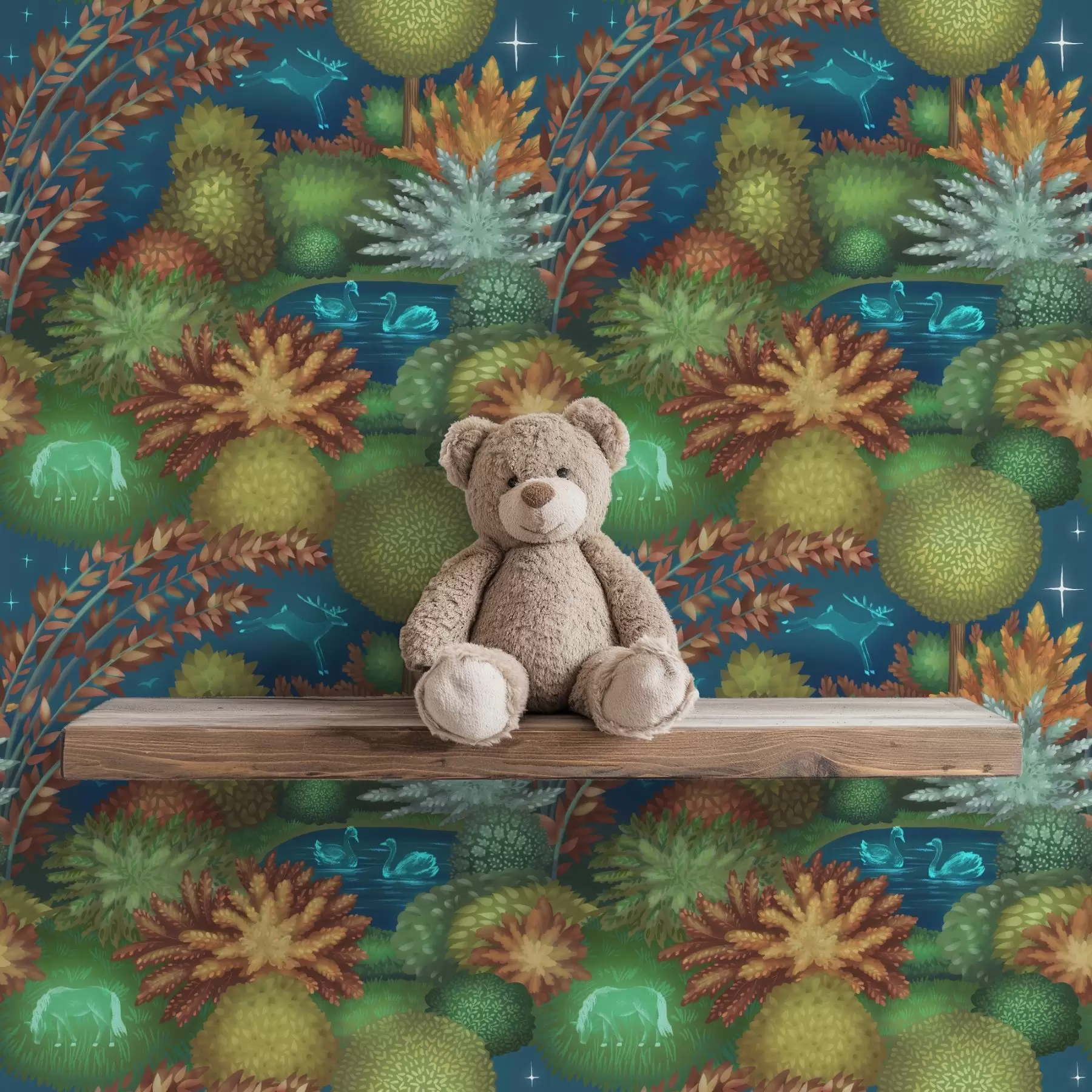 murales de pared Jardín nocturno de cuento de hadas con un lago y animales luminosos. a00851