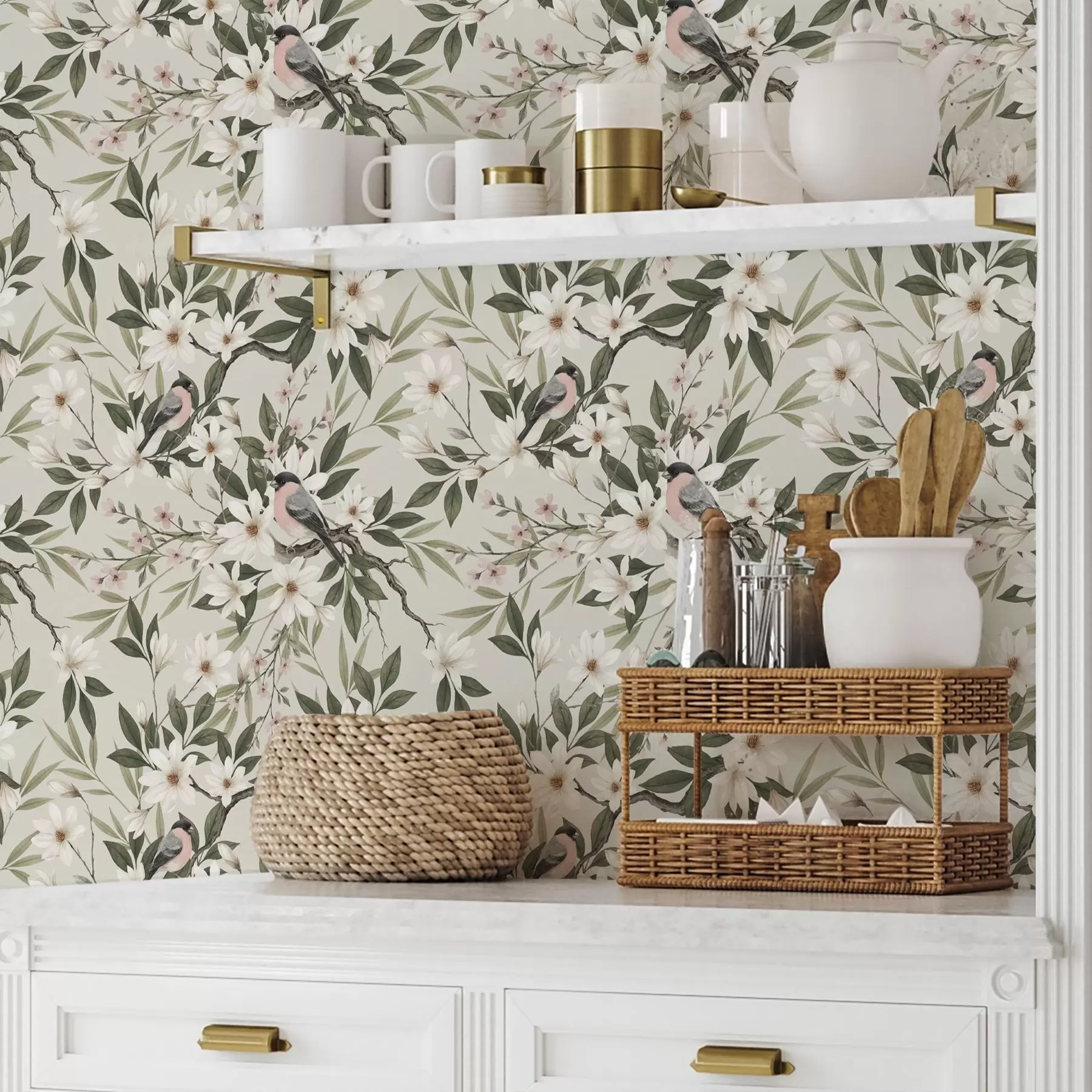 murales de pared Pintassilgos con el pecho blanco posados en ramas con flores color crema a00889