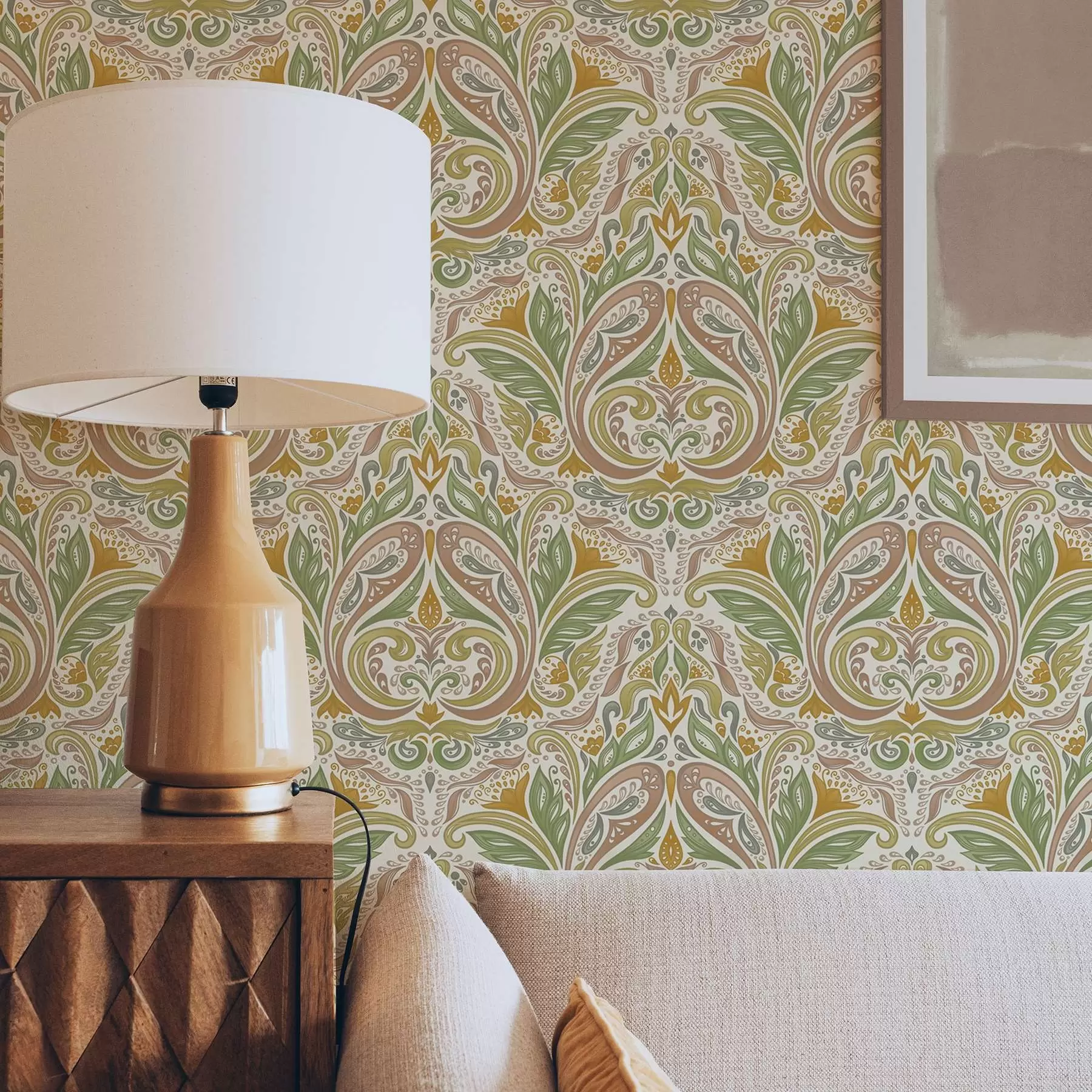 murales de pared Remolinos ornamentales con hojas en tonos verdes y terracota a00927v1