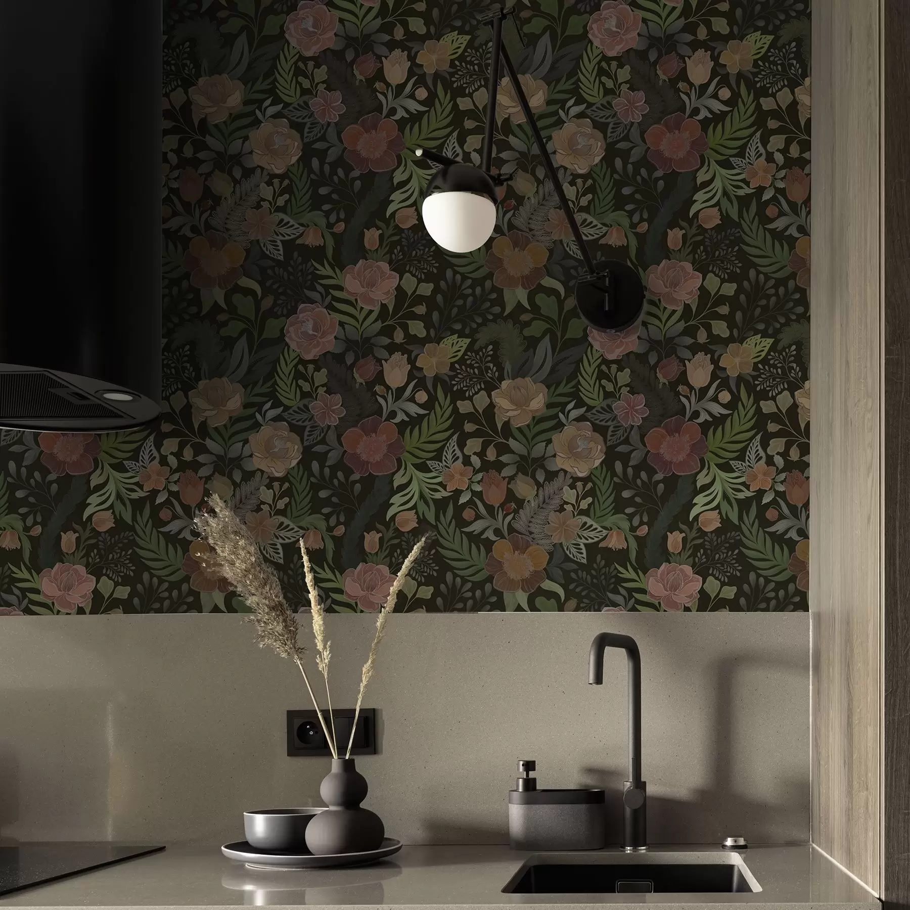 murales de pared Ricas flores y vegetación sobre un fondo oscuro intenso. a00932