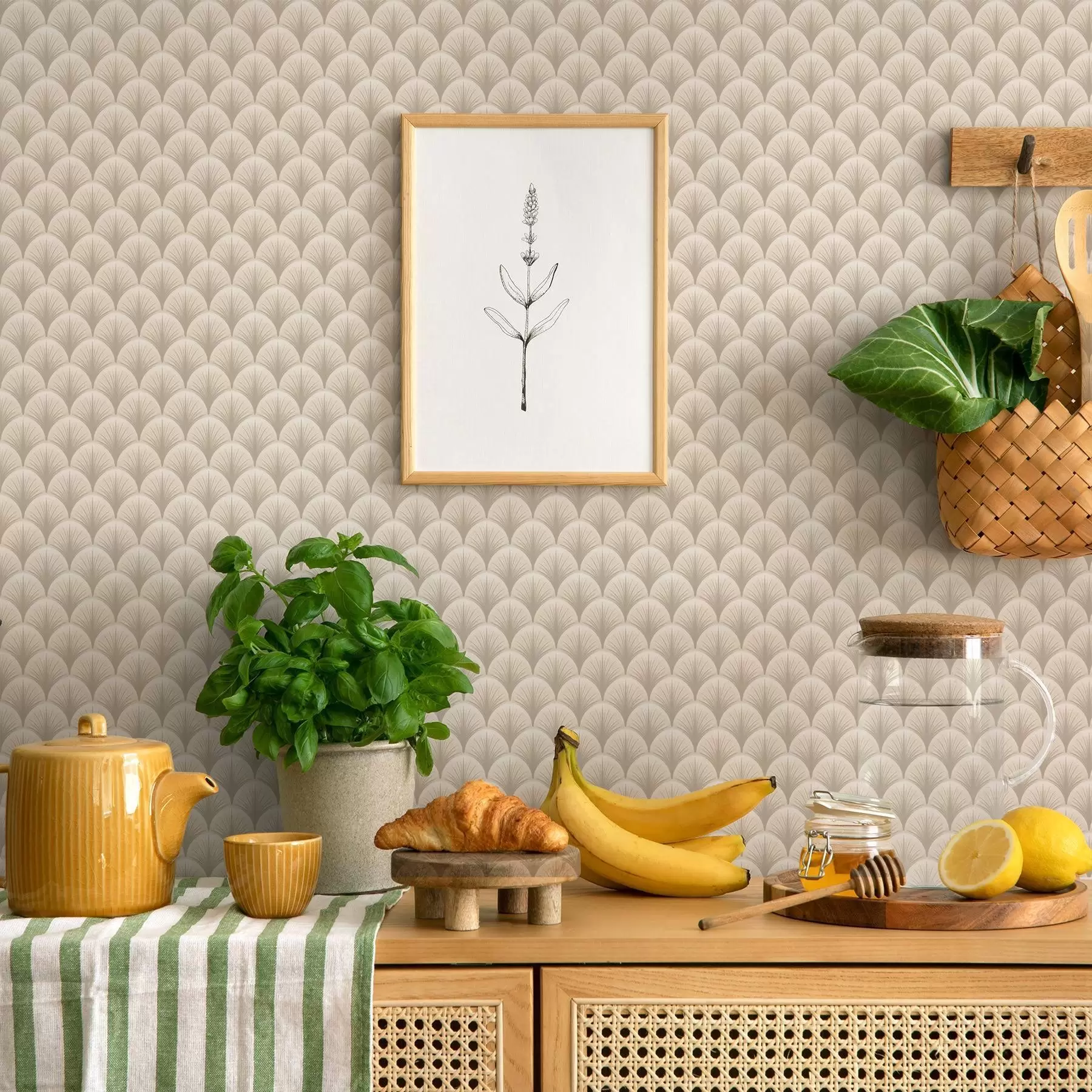 murales de pared Arcos de abanico beige con rayos finos sobre un fondo claro. a00978