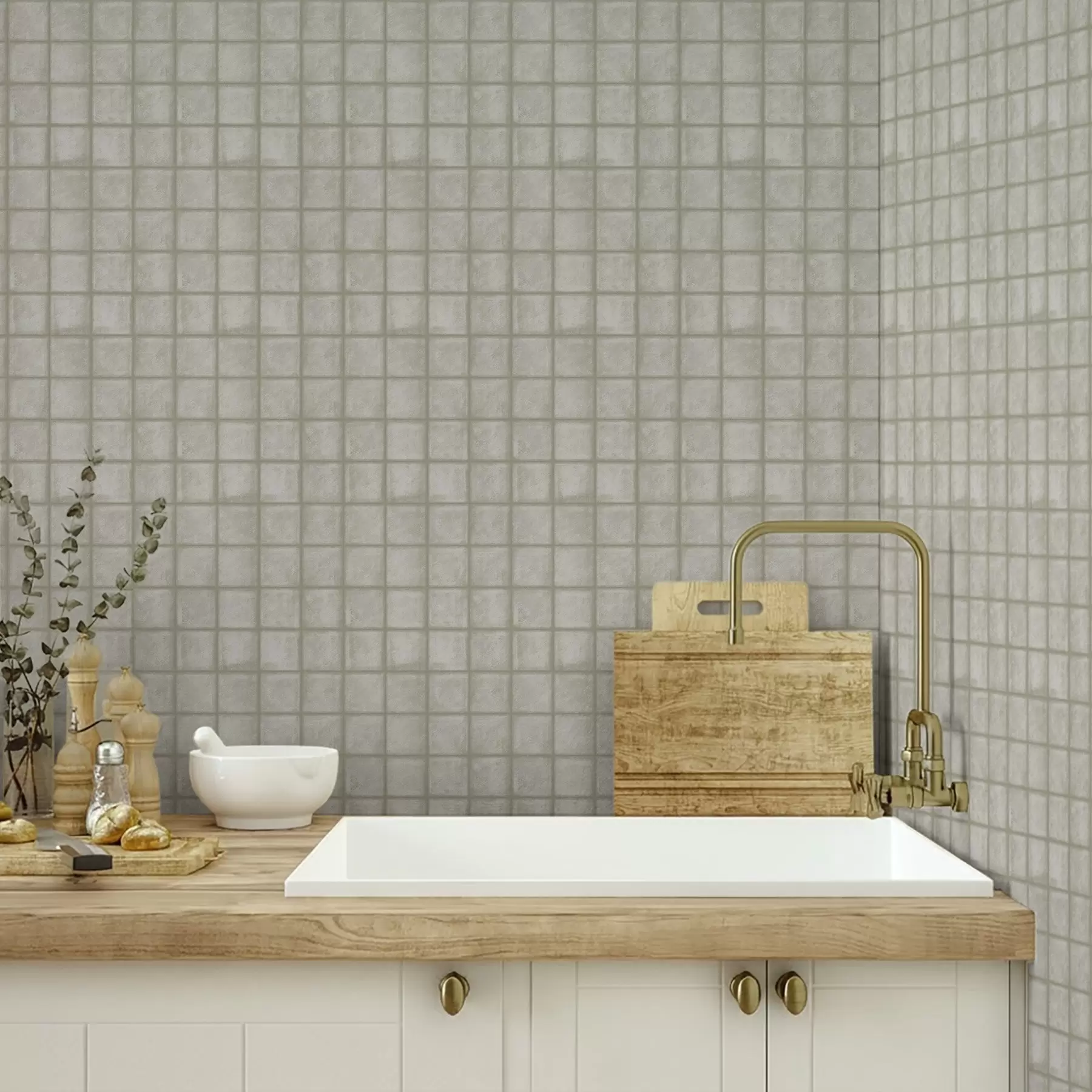 murales de pared Imitación de baldosas cuadradas en una suave paleta de colores gris verdosos. a00988