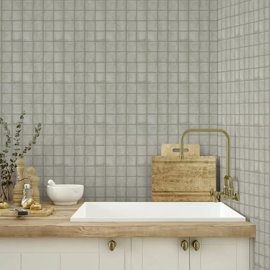 murales de pared Imitación de baldosas cuadradas en una suave paleta de colores gris verdosos. a00988