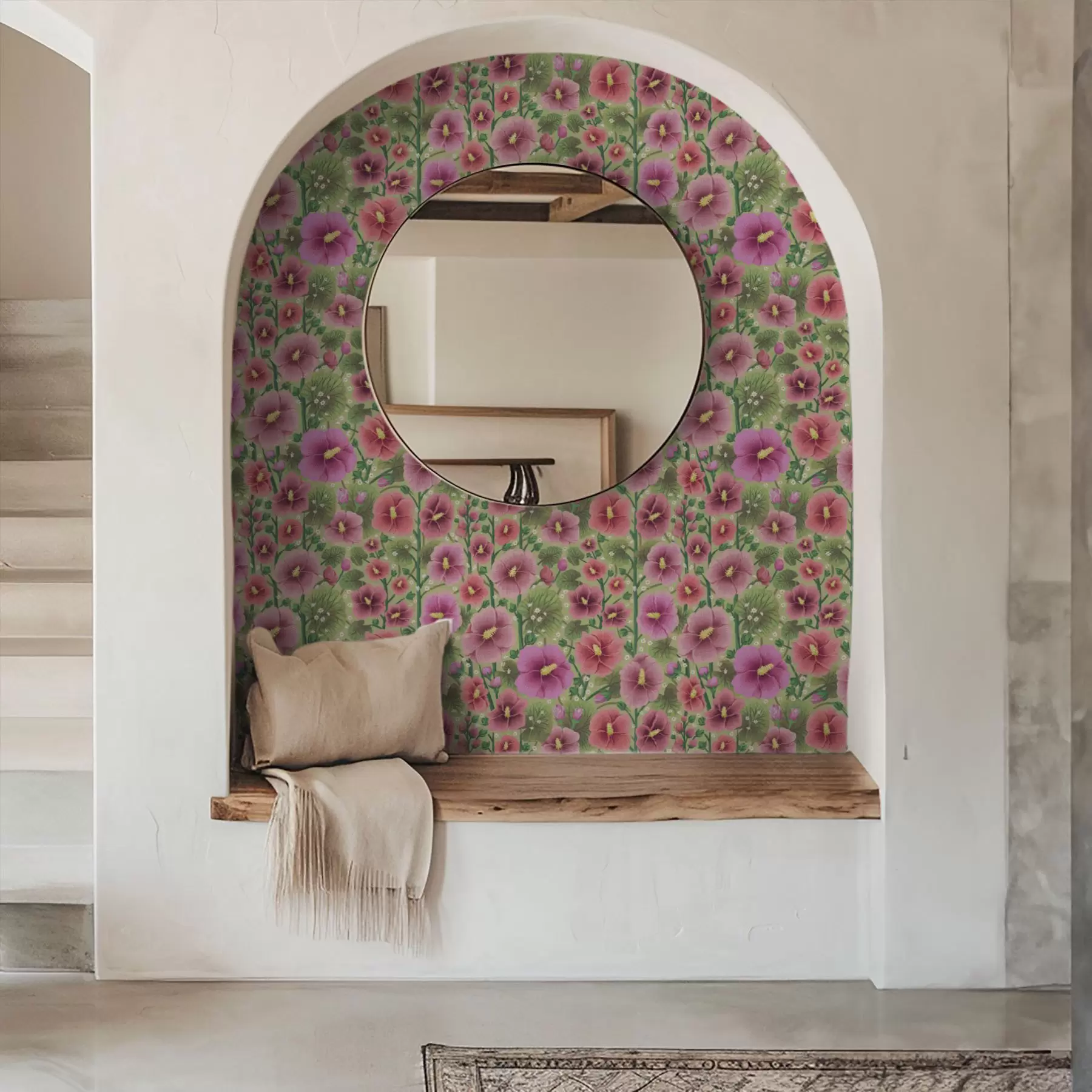 murales de pared Grandes flores y hojas de hibisco sobre un fondo verde oscuro. a00993