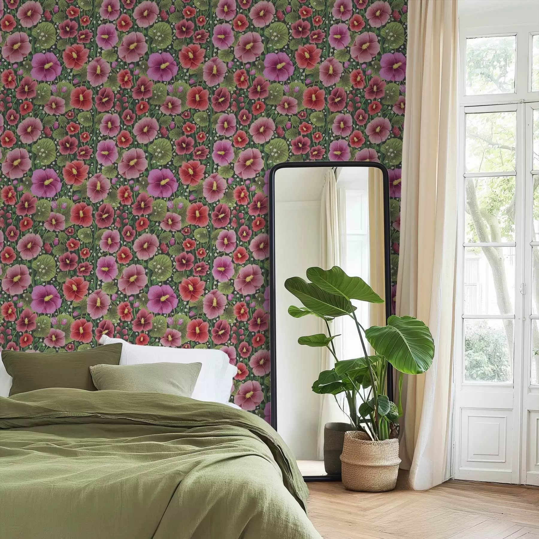 murales de pared Flores de hibisco brillantes y vegetación sobre un fondo oscuro a00993v2